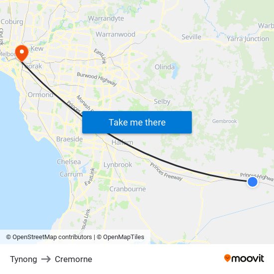 Tynong to Cremorne map