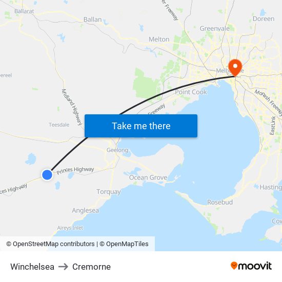 Winchelsea to Cremorne map