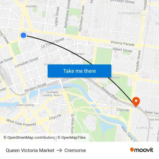 Queen Victoria Market to Cremorne map