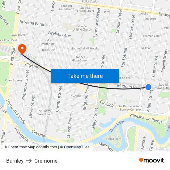 Burnley to Cremorne map