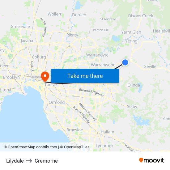 Lilydale to Cremorne map