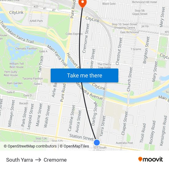 South Yarra to Cremorne map