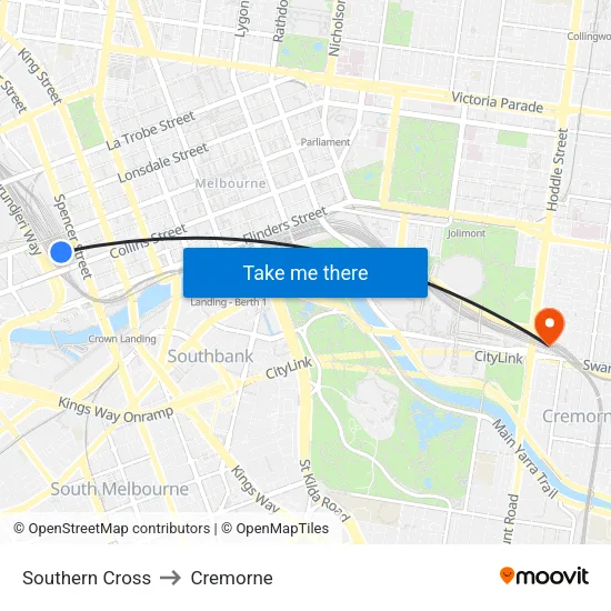 Southern Cross to Cremorne map
