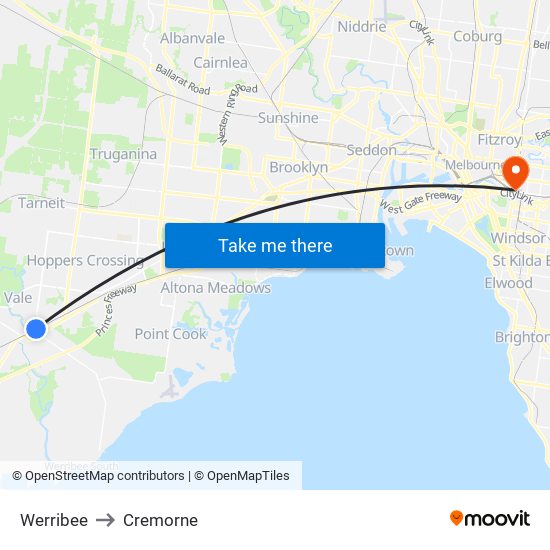 Werribee to Cremorne map