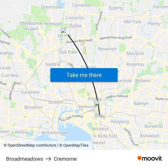 Broadmeadows to Cremorne map