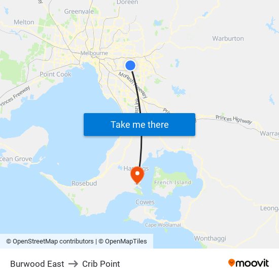 Burwood East to Crib Point map