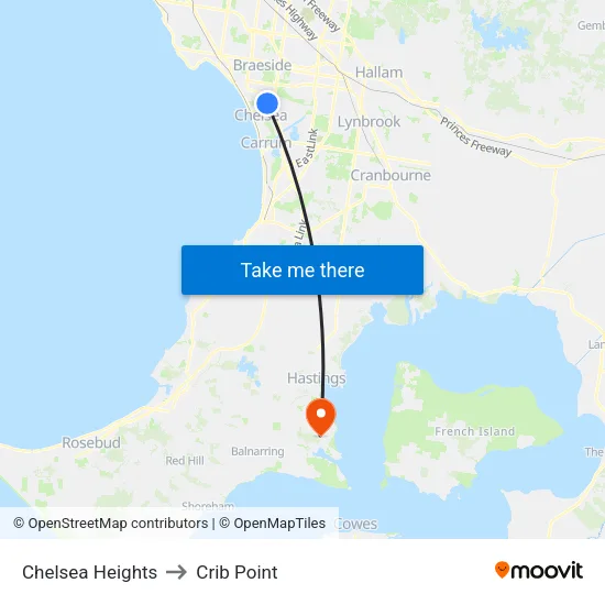 Chelsea Heights to Crib Point map