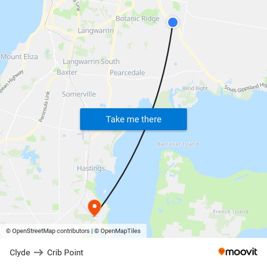 Clyde to Crib Point map