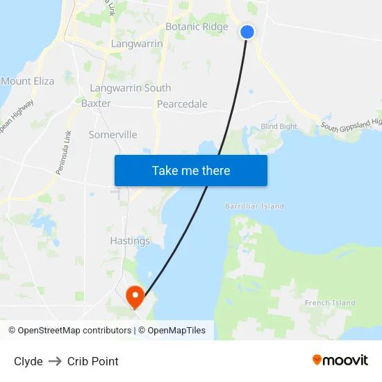 Clyde to Crib Point map