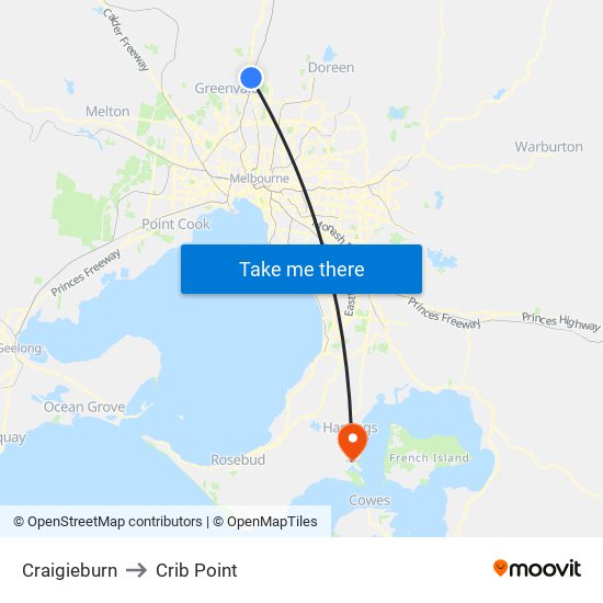 Craigieburn to Crib Point map