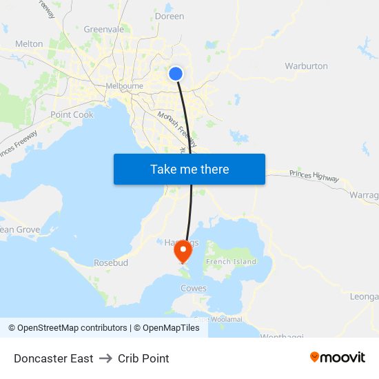 Doncaster East to Crib Point map