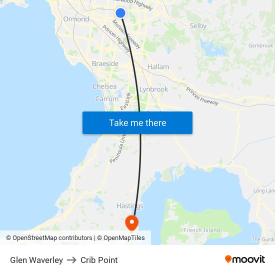 Glen Waverley to Crib Point map