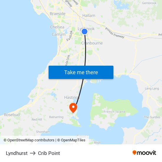 Lyndhurst to Crib Point map