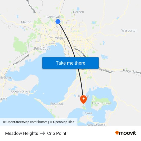 Meadow Heights to Crib Point map