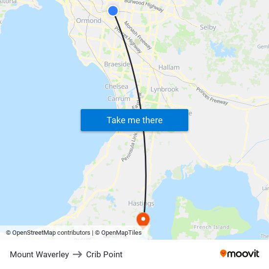 Mount Waverley to Crib Point map