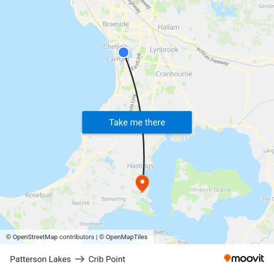 Patterson Lakes to Crib Point map