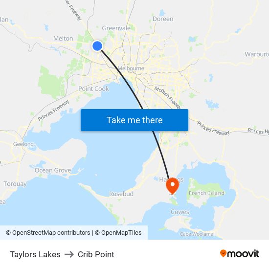 Taylors Lakes to Crib Point map
