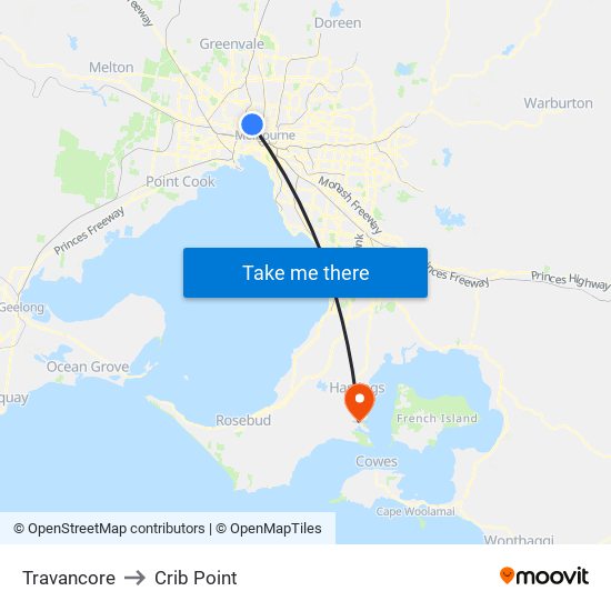 Travancore to Crib Point map