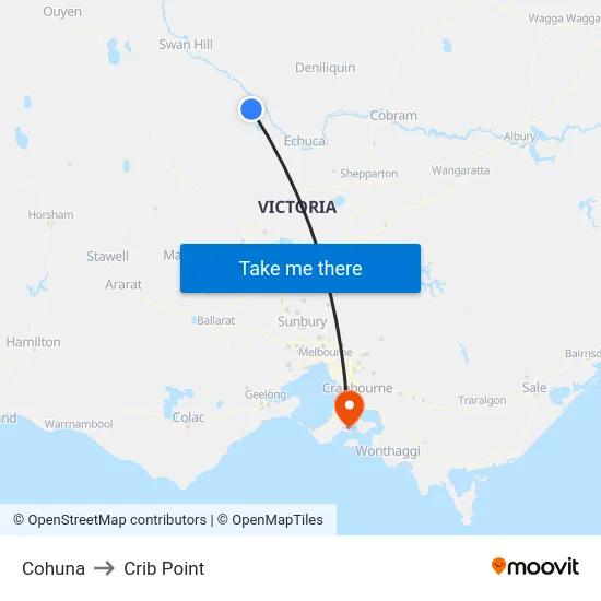 Cohuna to Crib Point map