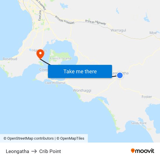 Leongatha to Crib Point map