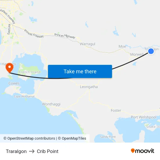 Traralgon to Crib Point map