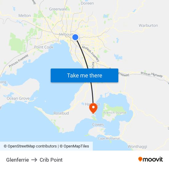 Glenferrie to Crib Point map