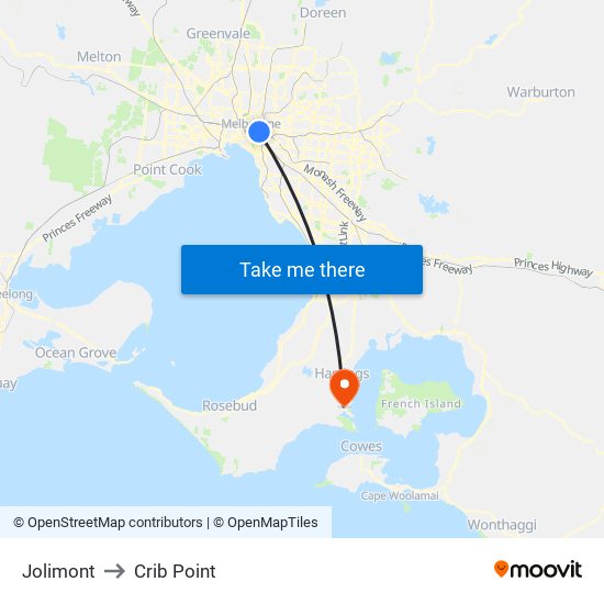 Jolimont to Crib Point map