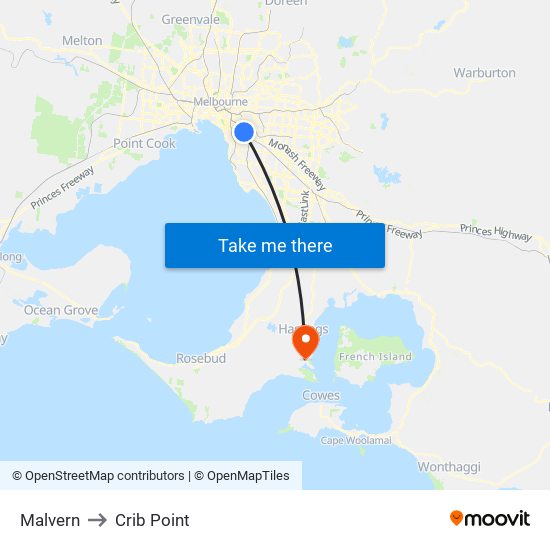 Malvern to Crib Point map