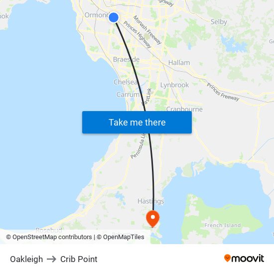 Oakleigh to Crib Point map