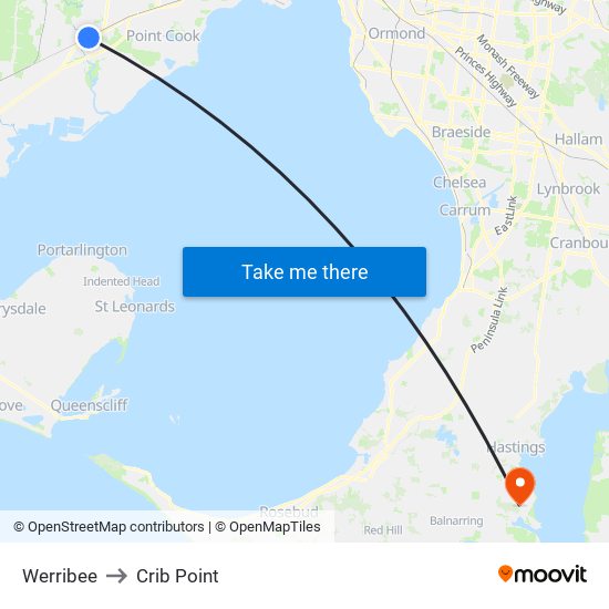 Werribee to Crib Point map