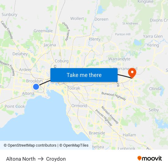 Altona North to Croydon map
