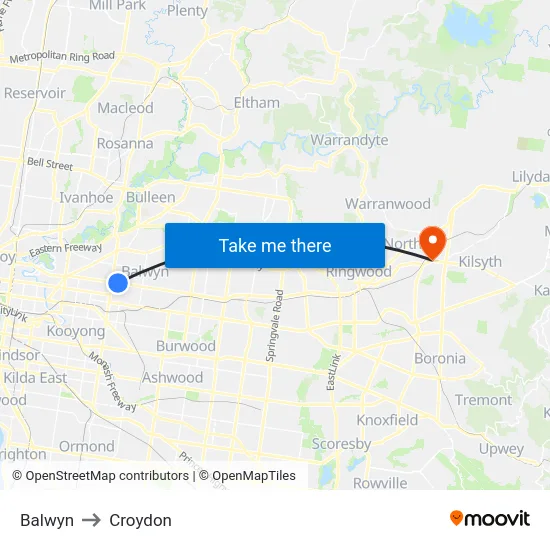 Balwyn to Croydon map