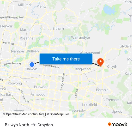 Balwyn North to Croydon map