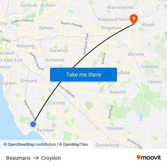 Beaumaris to Croydon map