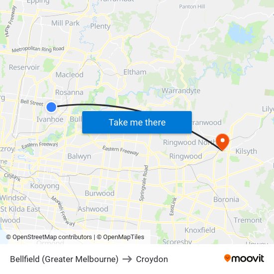 Bellfield (Greater Melbourne) to Croydon map