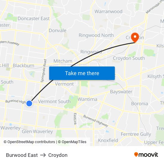 Burwood East to Croydon map