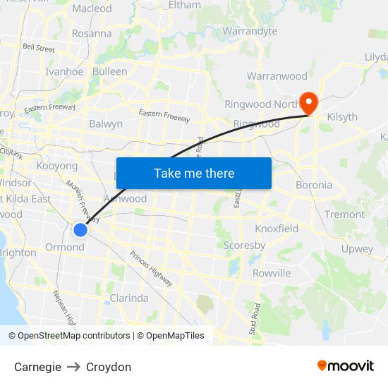 Carnegie to Croydon map