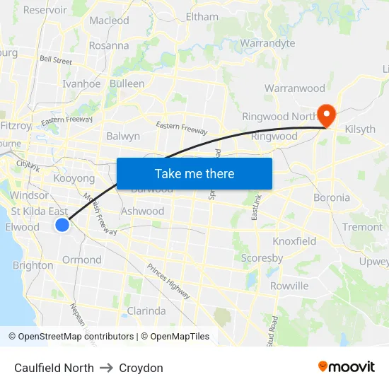 Caulfield North to Croydon map
