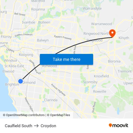 Caulfield South to Croydon map