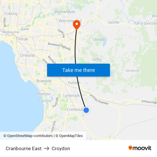 Cranbourne East to Croydon map