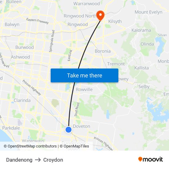 Dandenong to Croydon map