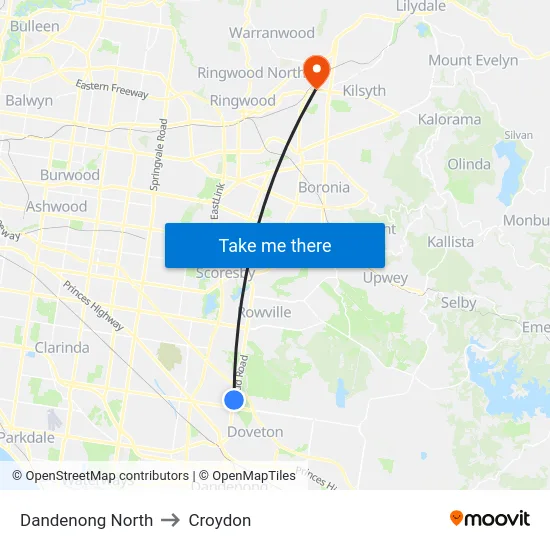 Dandenong North to Croydon map