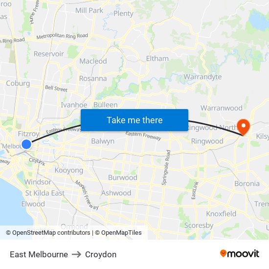 East Melbourne to Croydon map