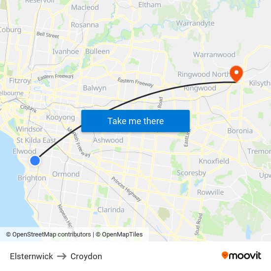 Elsternwick to Croydon map