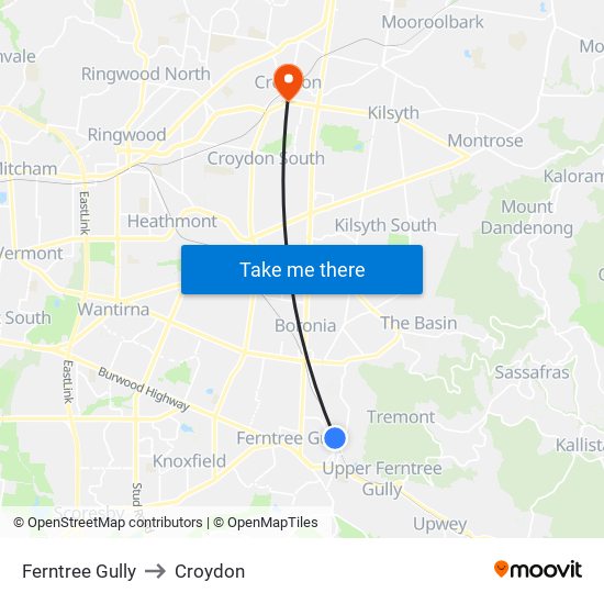 Ferntree Gully to Croydon map