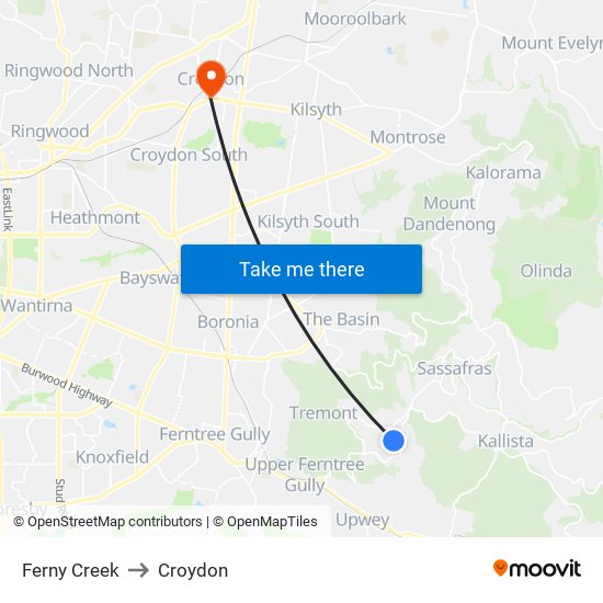 Ferny Creek to Croydon map