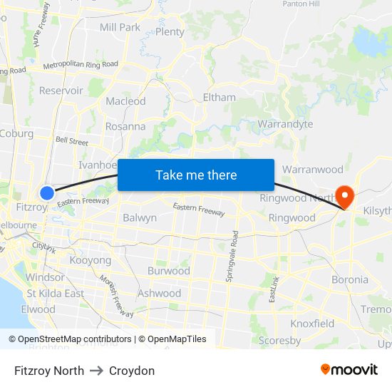 Fitzroy North to Croydon map