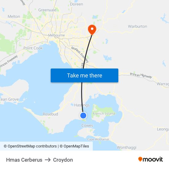 Hmas Cerberus to Croydon map