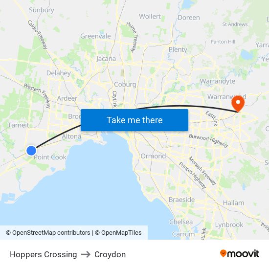 Hoppers Crossing to Croydon map