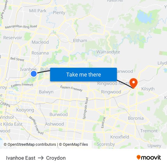 Ivanhoe East to Croydon map